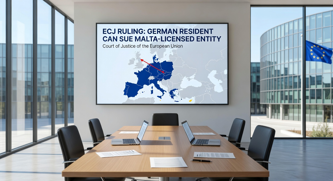 Darstellung eines EuGH-Saals mit Richtern und Dokumenten zum Glücksspiel-Urteil