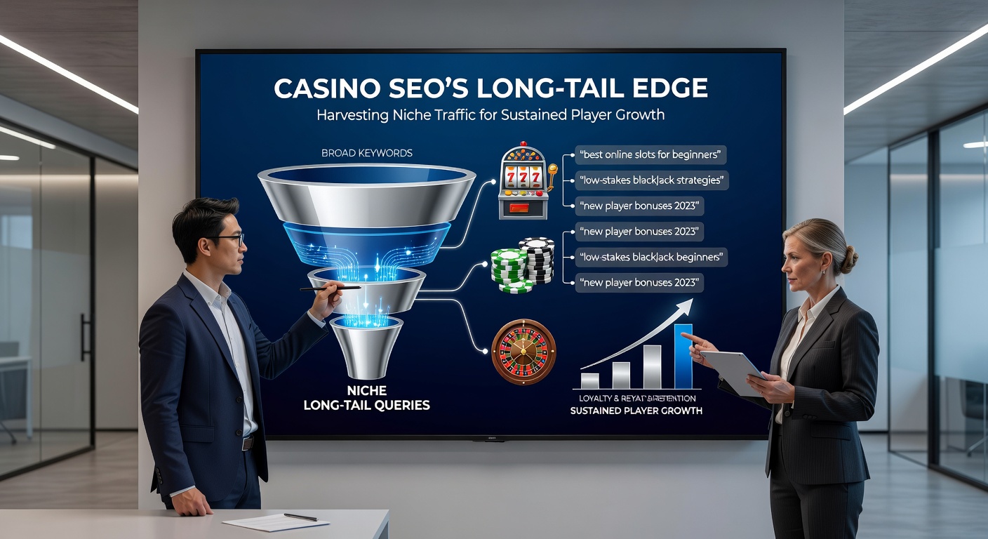 Grafik zeigt Long-Tail-Keywords als schmale, aber tiefe Traffic-Quellen im Casino-SEO, mit steigenden Kurven für Nischen-Suchanfragen