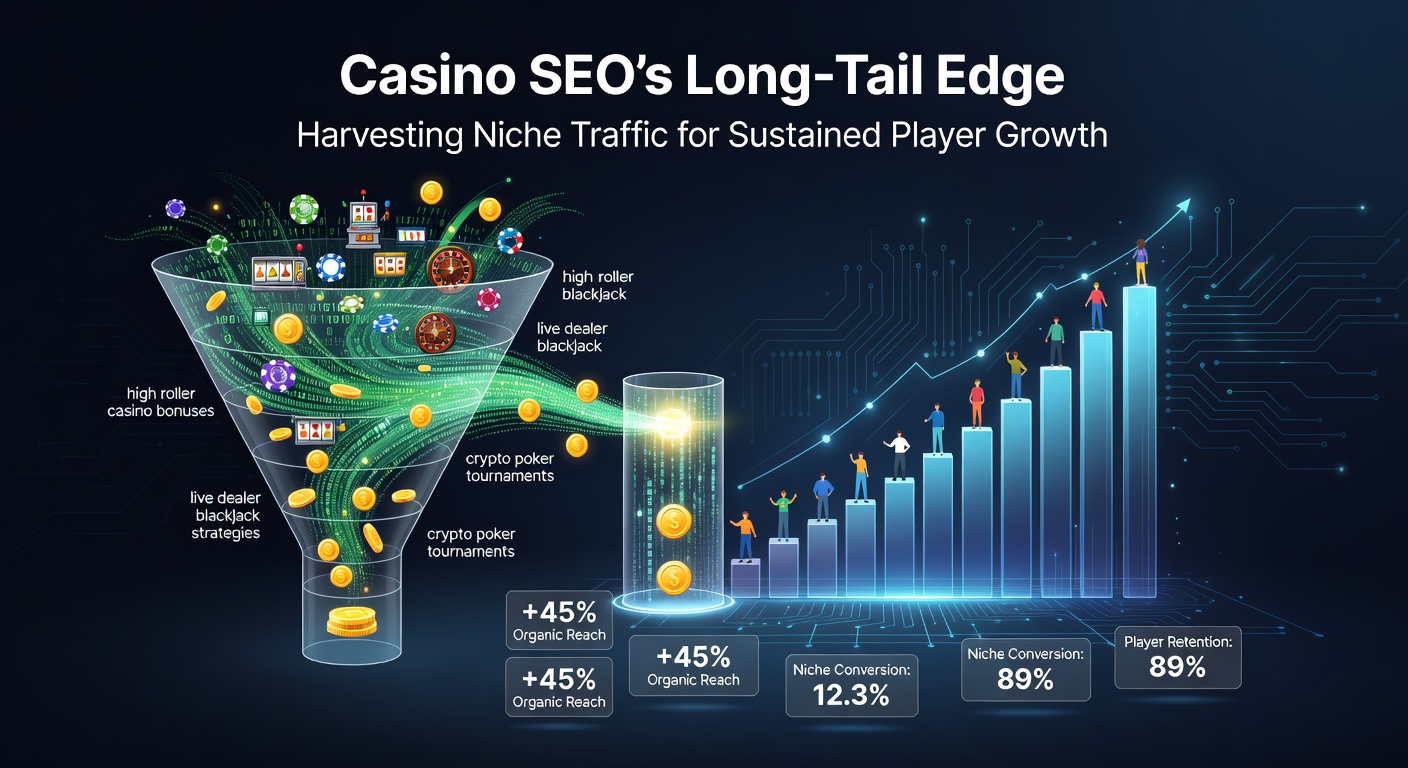 Diagramm vergleicht Short-Tail vs. Long-Tail-Traffic im Casino-SEO, mit höheren Konversionskurven für Nischen-Keywords und nachhaltigem Wachstum