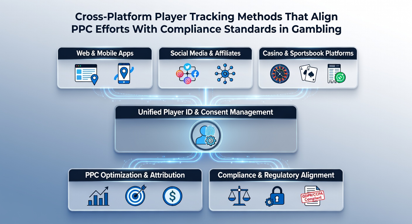 Illustration von Compliance-Workflows bei PPC-Kampagnen mit Fokus auf Spielerverfolgung und regulatorische Kontrollen