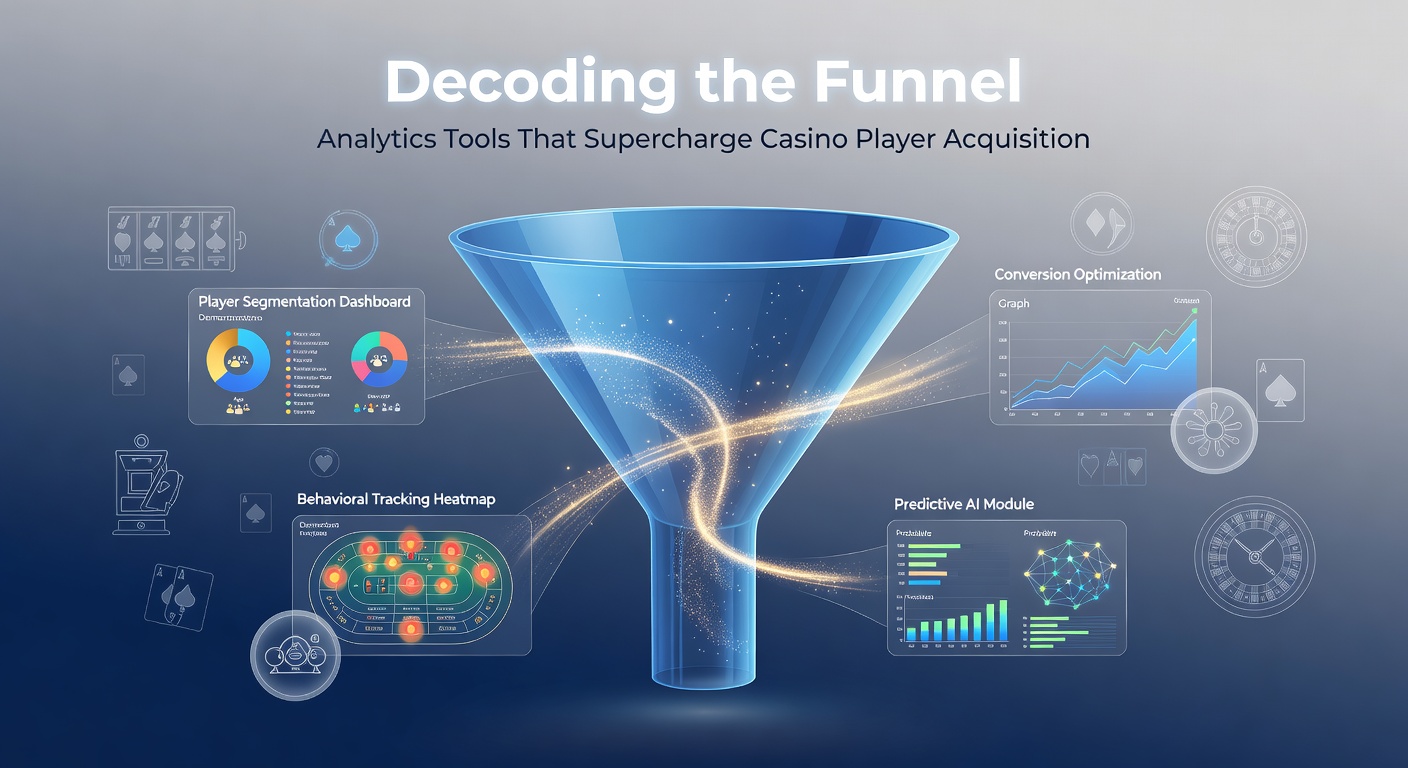 Grafik eines Marketing-Funnels mit Analytics-Überlagerung für Casino-Spielerakquise, die Stufen von Awareness bis Retention zeigt