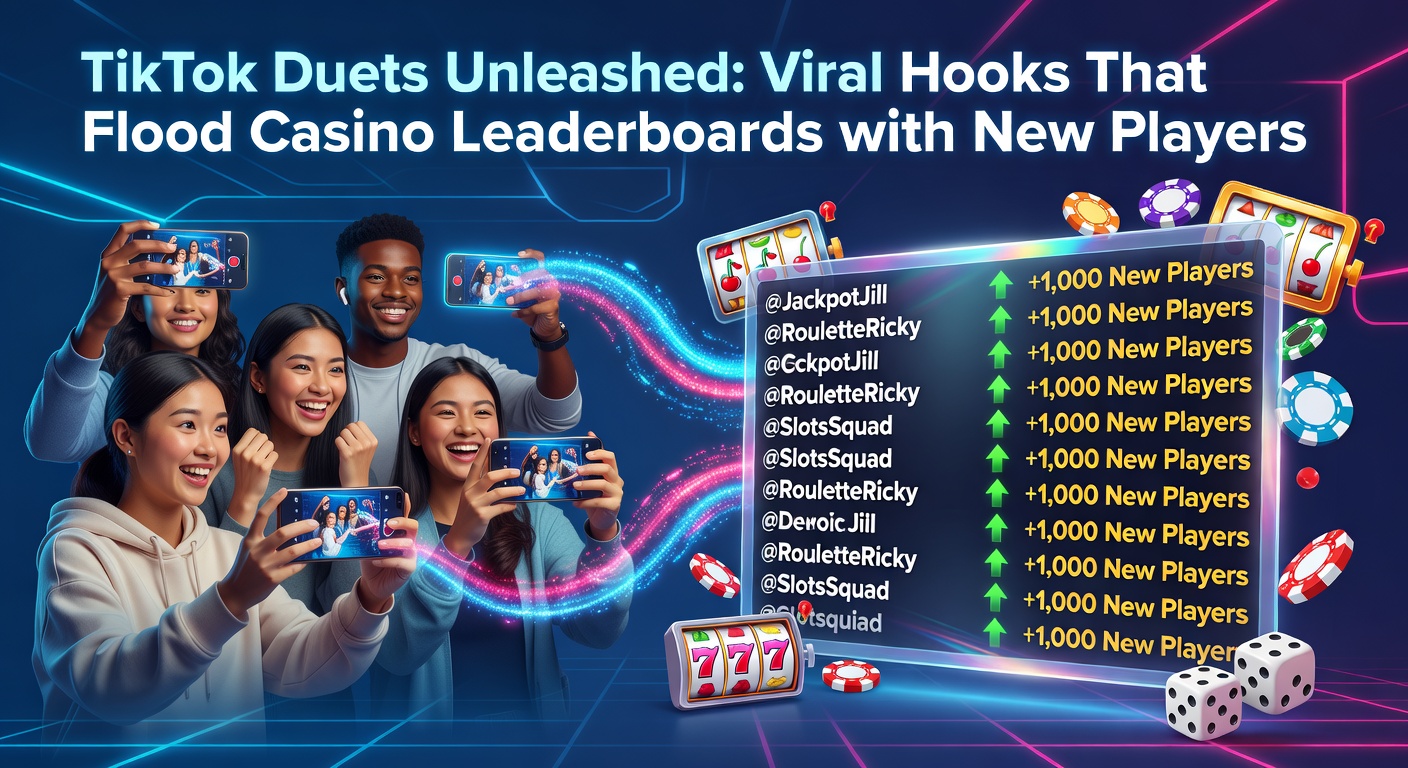 Junge Menschen filmen ein TikTok Duet mit Casino-Themen, lachend vor Smartphones, während Leaderboard-Grafiken im Hintergrund leuchten